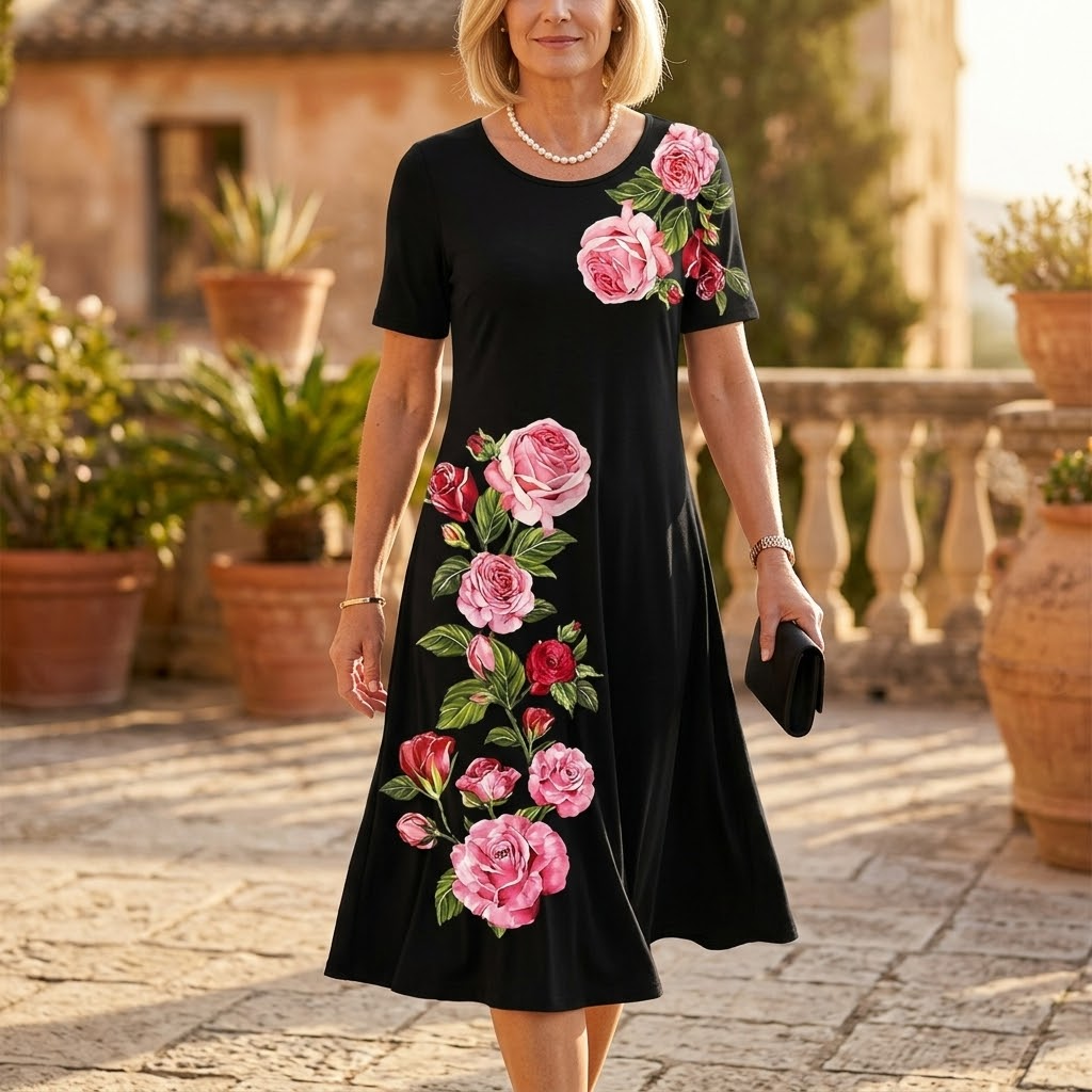 Rosalia – Women's rose print A-line midi dress