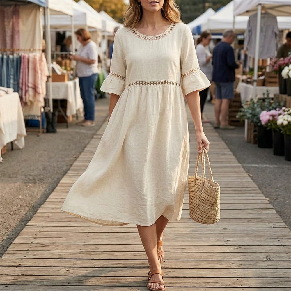 Solenne – Women's Breathable Cotton Linen Lace Midi Dress