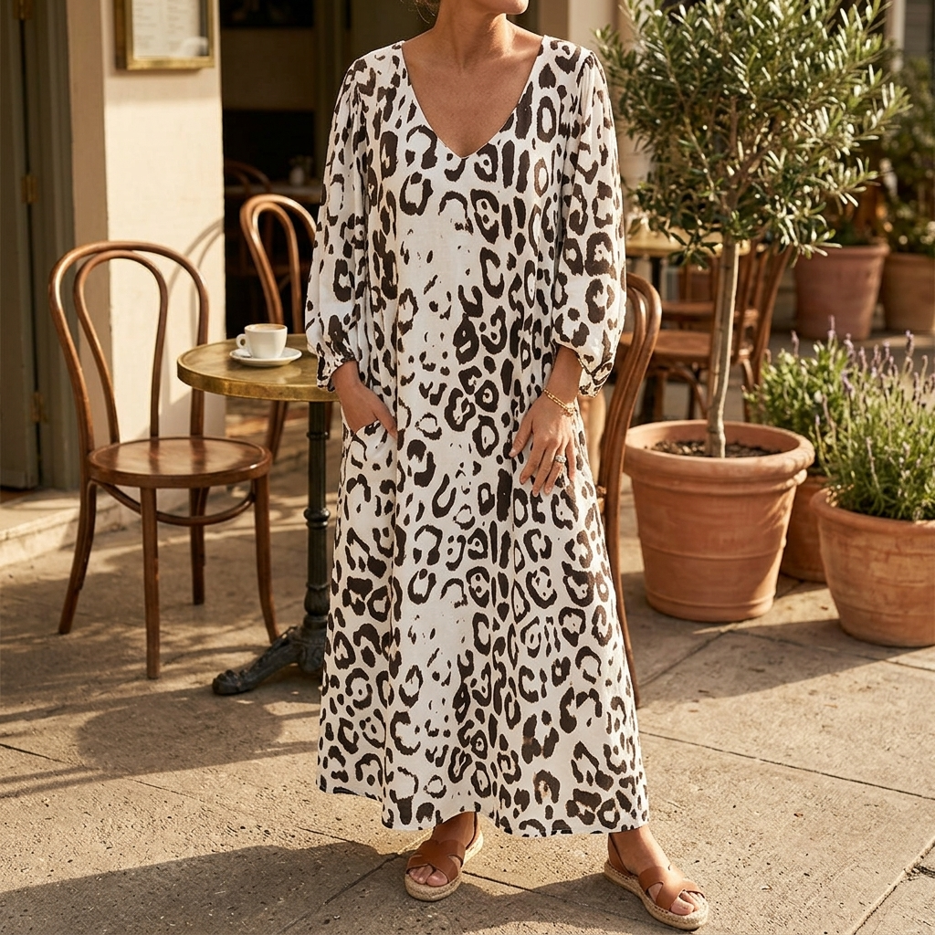 Vivara™ – Leopard Print V Neck Pocket Dress