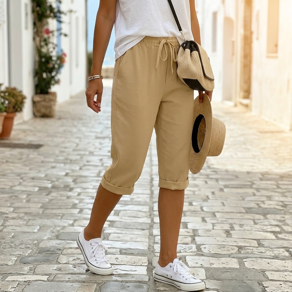 Solenna – Cotton-Linen Drawstring Capri