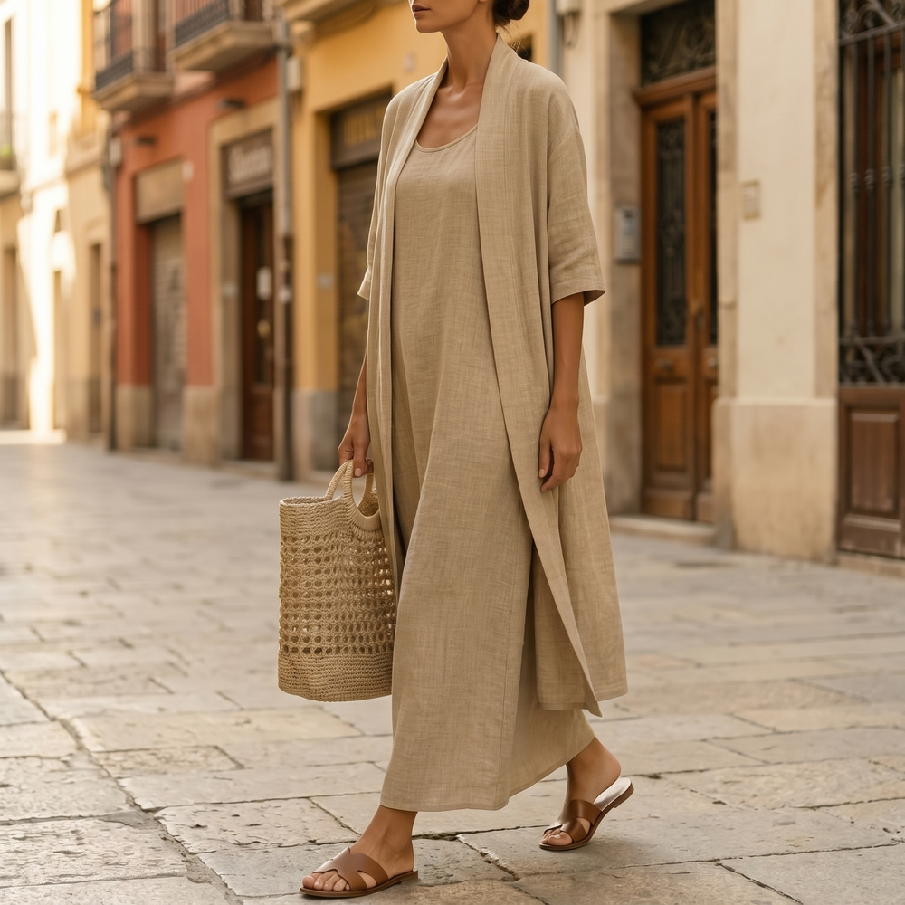 Lunavia – Women's Linen Cotton Two-Piece Set with Duster