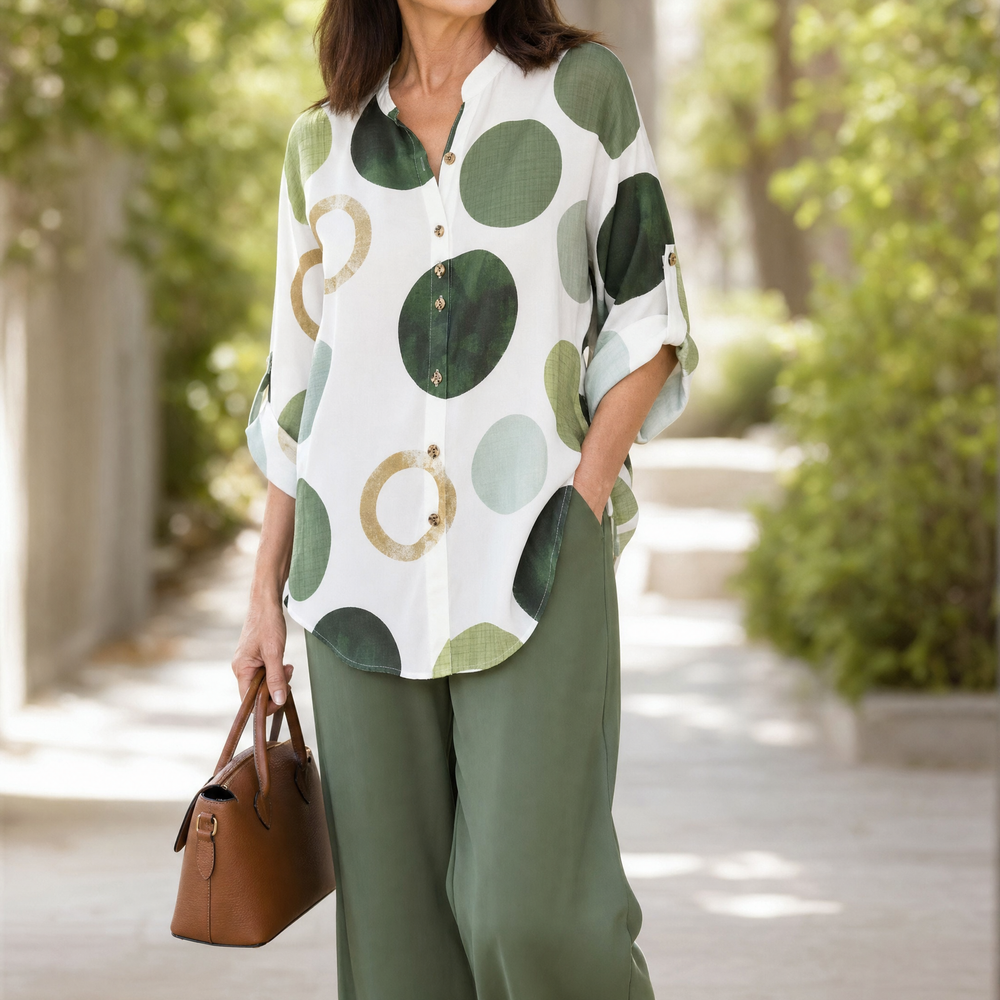 Monica – Women's Abstract Print 2-Piece Set, Blouse and Wide-Leg Trousers