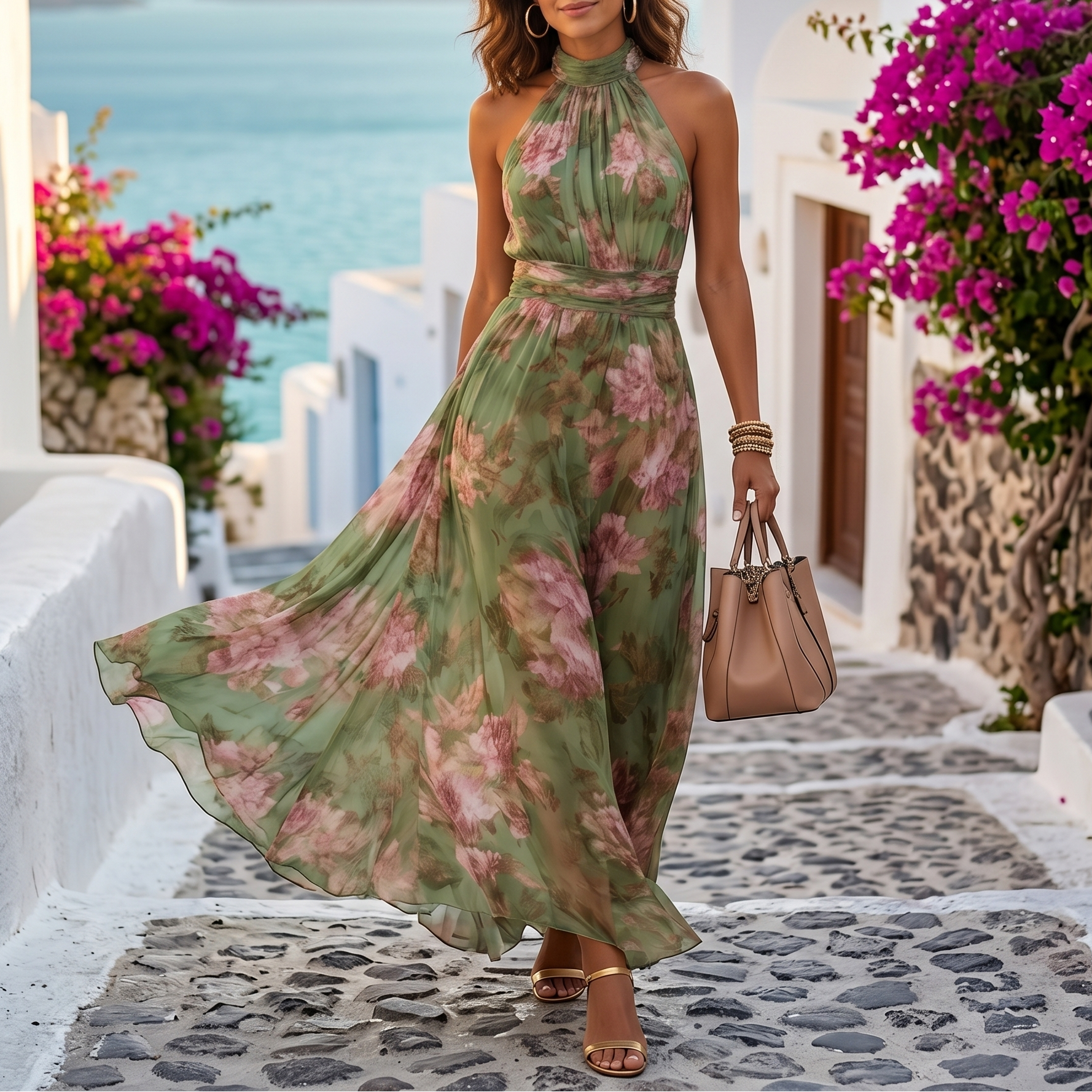 Rosalie – Women's Flowy Sage Floral Summer Maxi