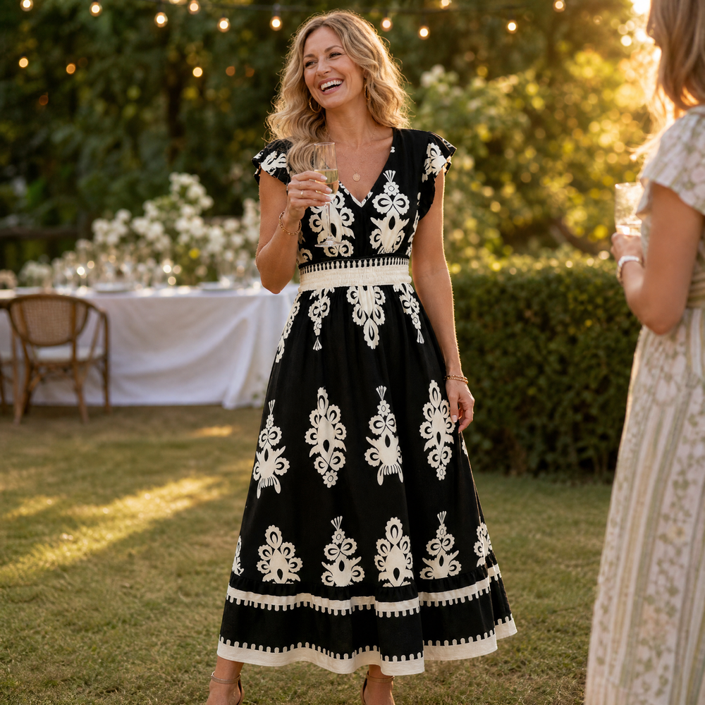 Osyrel – Women's Damask Print Midi Dress with V-Neck