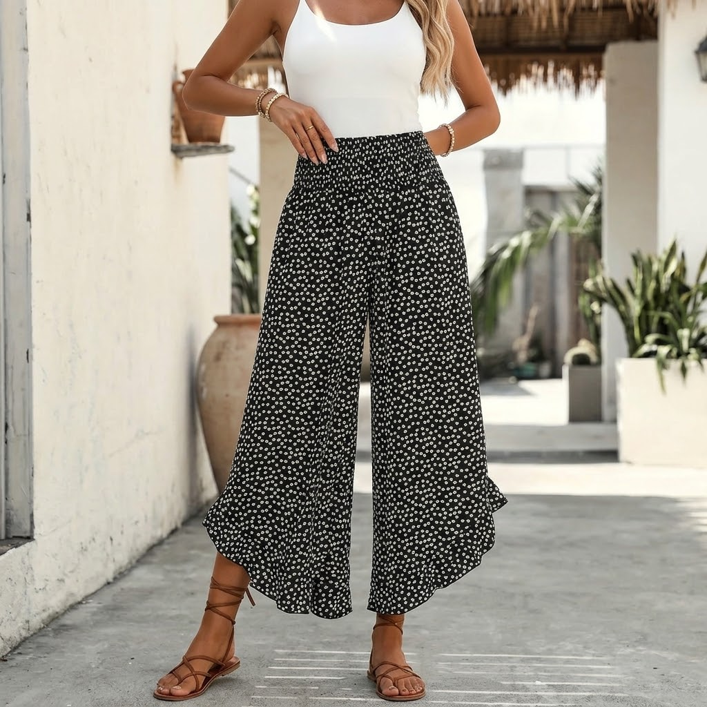 Velura – Smocked Wide-Leg Ruffle Pants