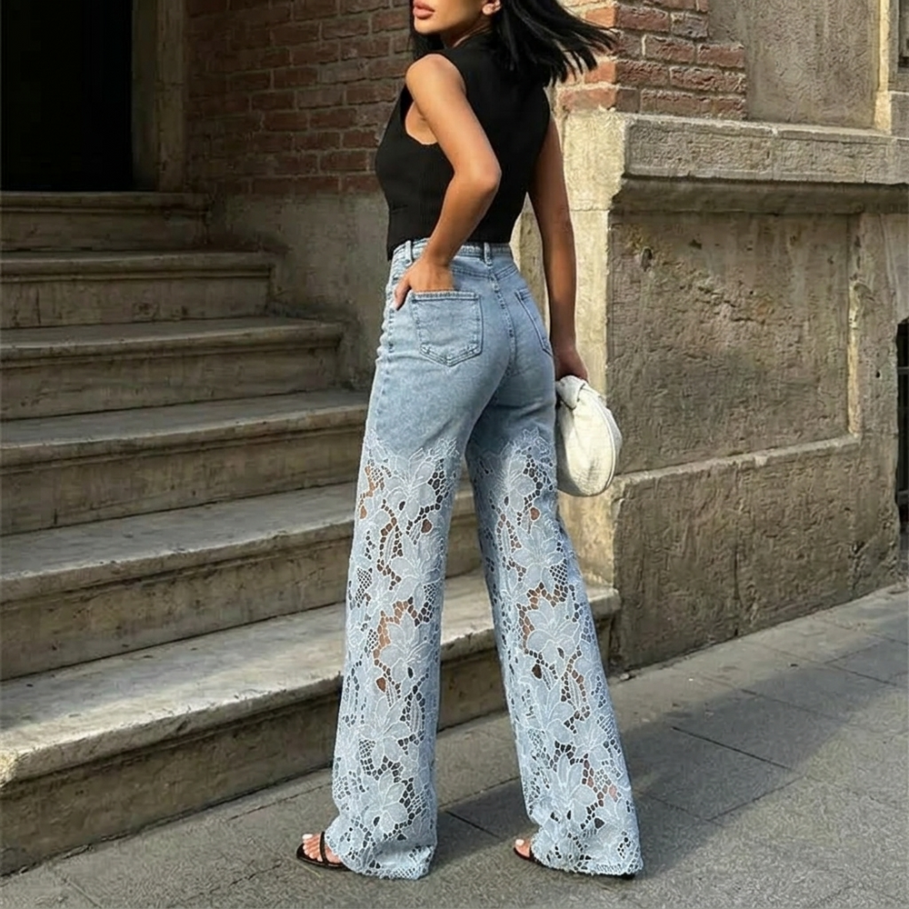 Laceveil – Women's Floral Lace Patchwork Wide Leg Jeans
