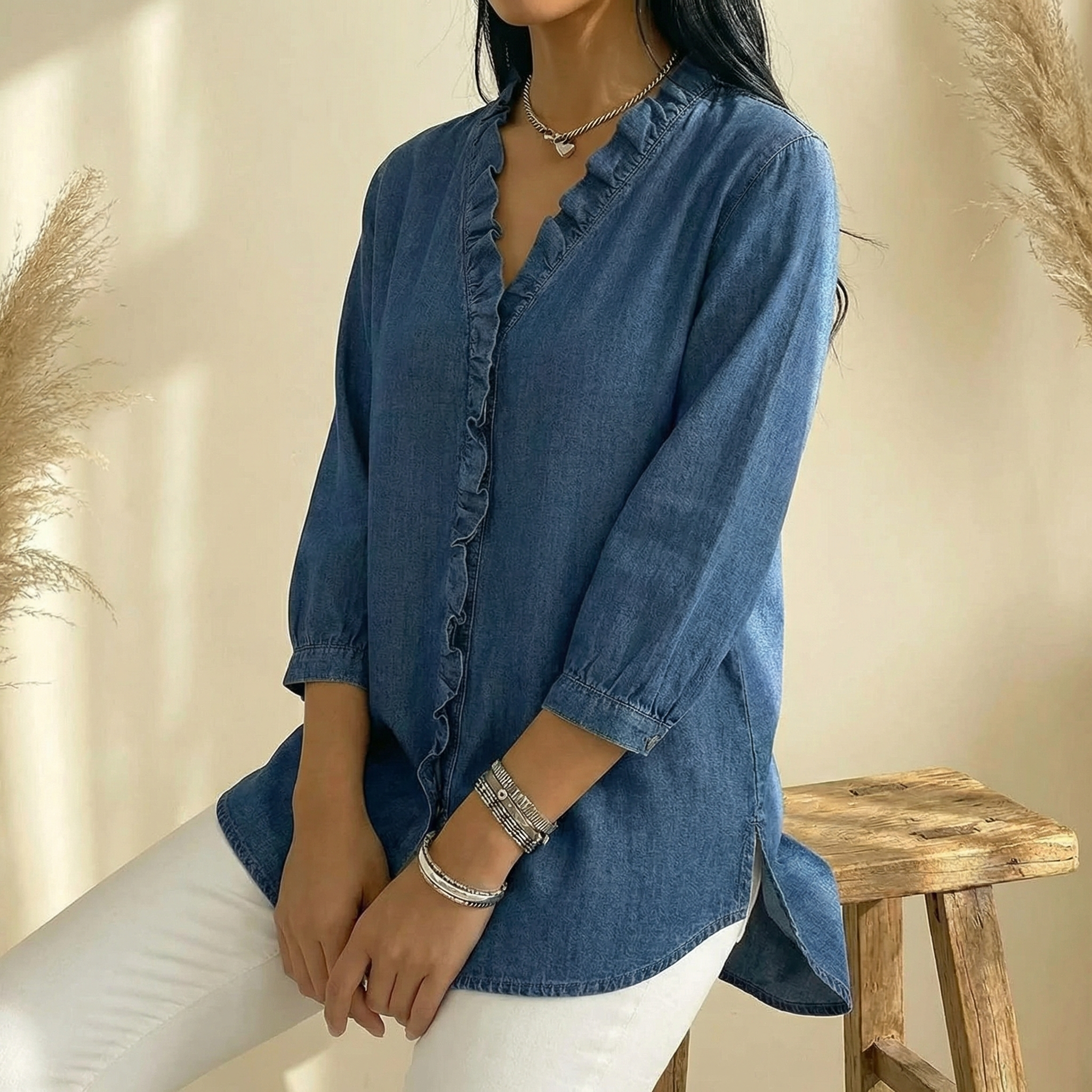 Vivara – Soft Ruffle V Neck Denim Blouse