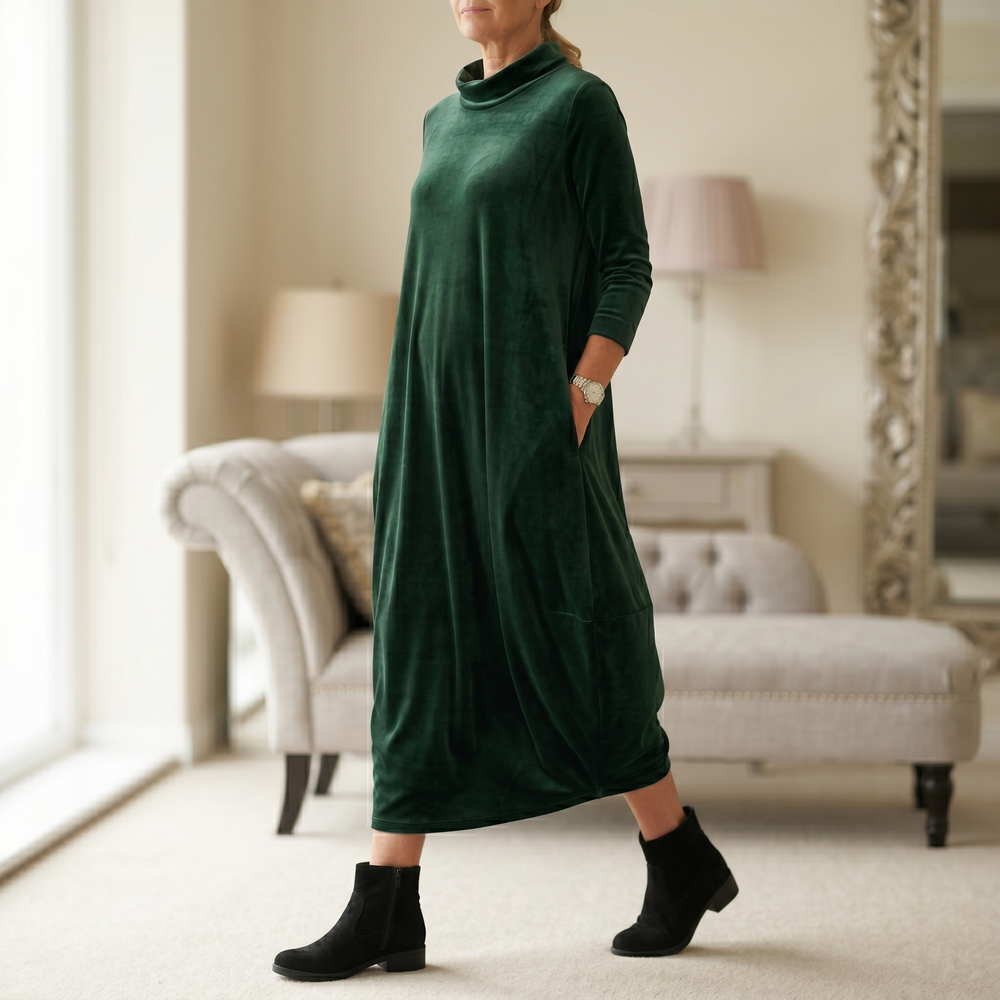 Sofelle – Women's Velvet Cocoon Midi Dress with Pockets