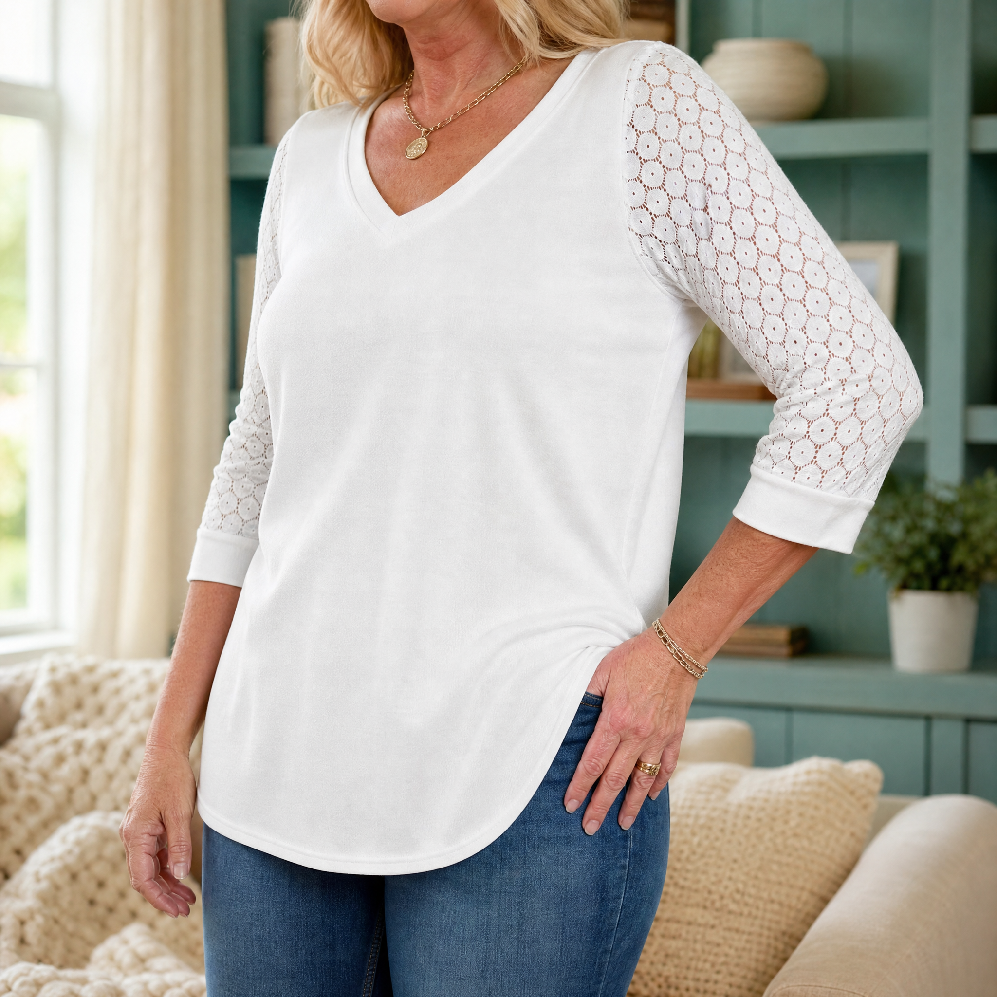 Lumeya™ – Crochet Lace Sleeve V-Neck Top