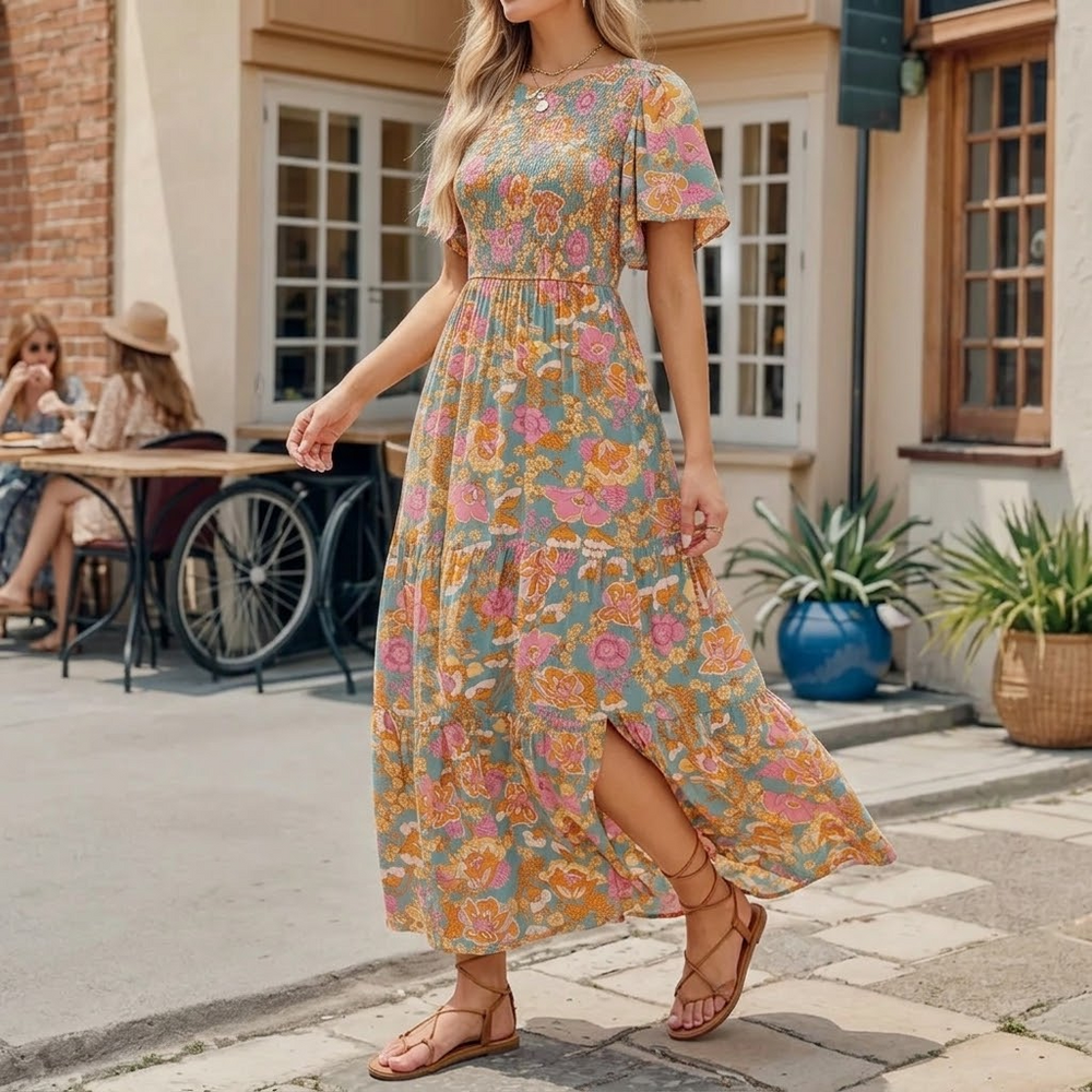 Florenza – Smocked Floral Maxi Dress for Spring