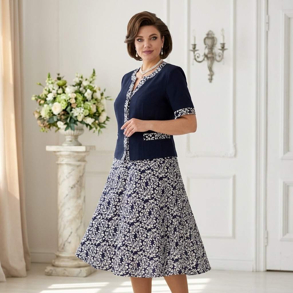 Maelyn – Women's Elegant Navy Floral Dress with Built-In Jacket