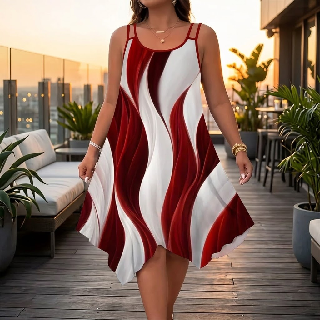Solenza – Asymmetric Swirl Print Midi Dress