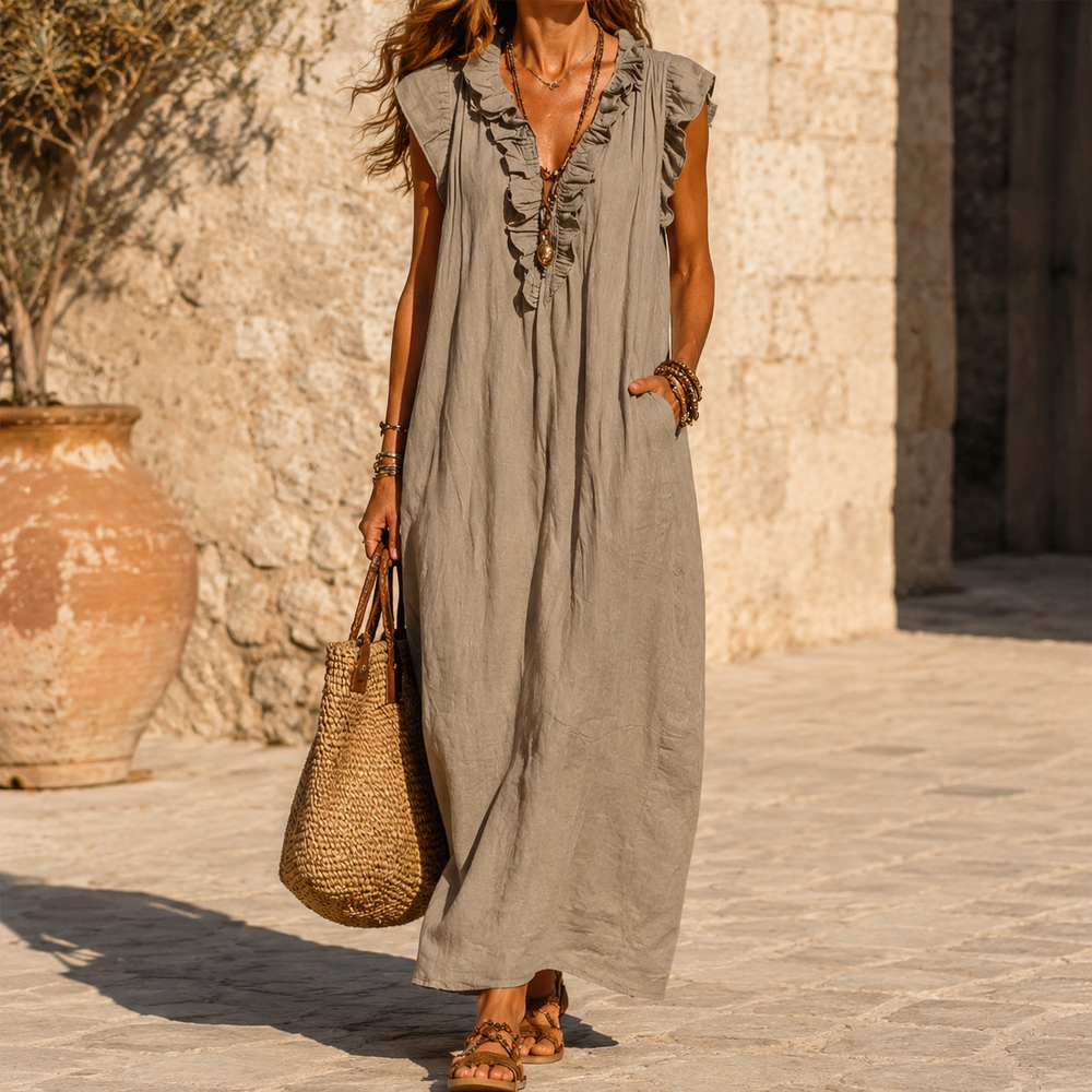 Veluna – Women's Ruffle-V Midi Dress with Pockets