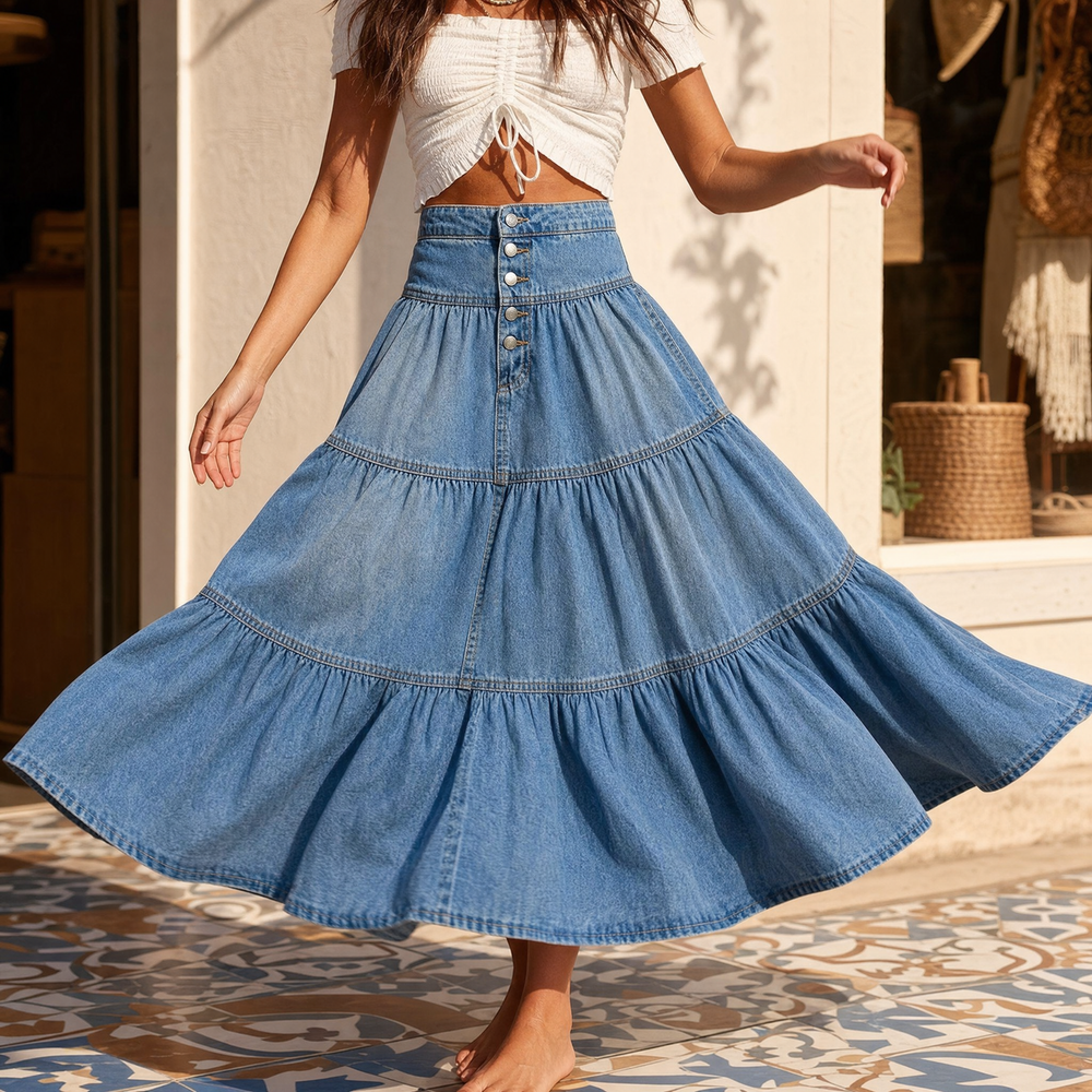 Soléra – Women's Soft Button-Front Denim Maxi Skirt