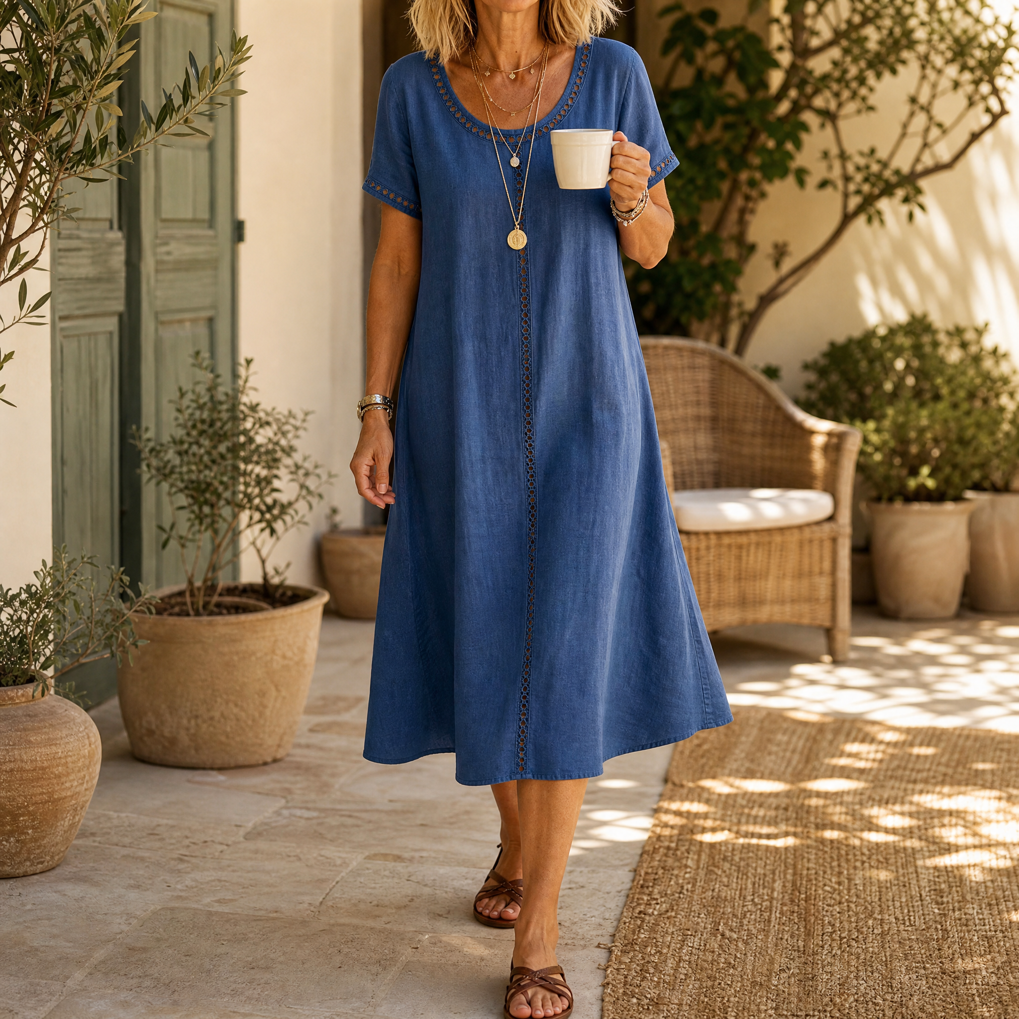 Lunavia – Women's Eyelet Trim Linen Midi Dress