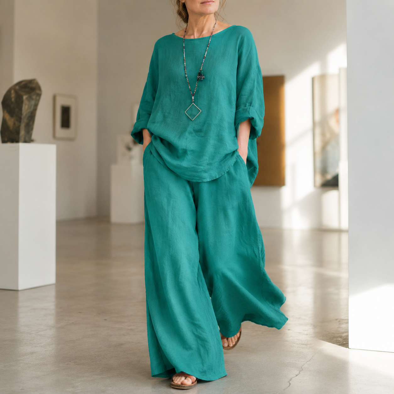 Lunavia™ – Oversized Cotton-Linen Two-Piece Set with Wide-Leg Pants