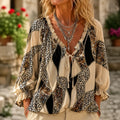 Sorelia – Mixed Print Patchwork Blouse, Leopard & Paisley V Neck