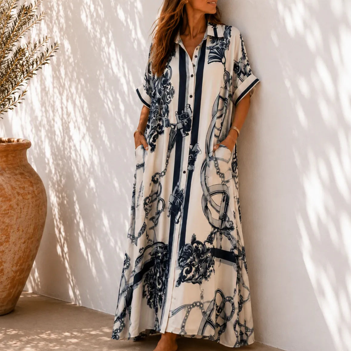Solenne – Vintage Scroll Print Maxi Shirt Dress with Pockets