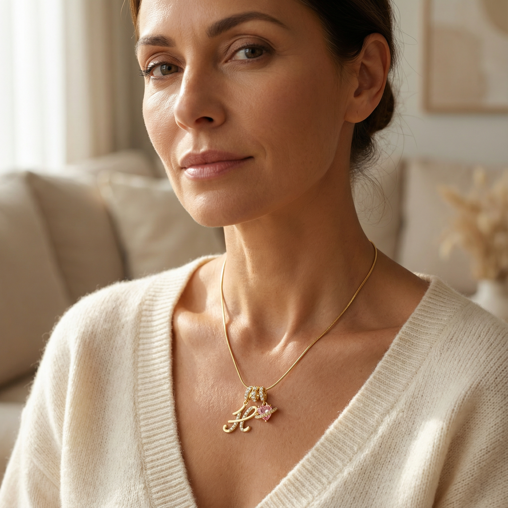 LUMARA – 3-Layer Initial Necklace with Pink Heart Zircon