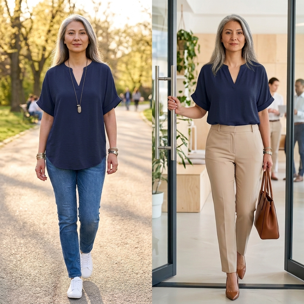 Wovena – Women's Breezy V Neck Blouse with Curved Hem