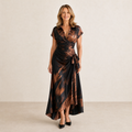 Brown Black Abstract Print Wrap Midi Dress Collared V Neck Short Sleeve Tie Waist Ruffled High‑Low Hem Dress