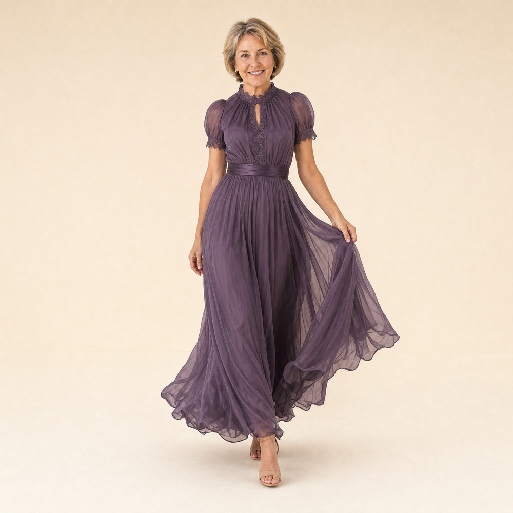 Purple Keyhole Neckline Lace Trim Maxi Dress