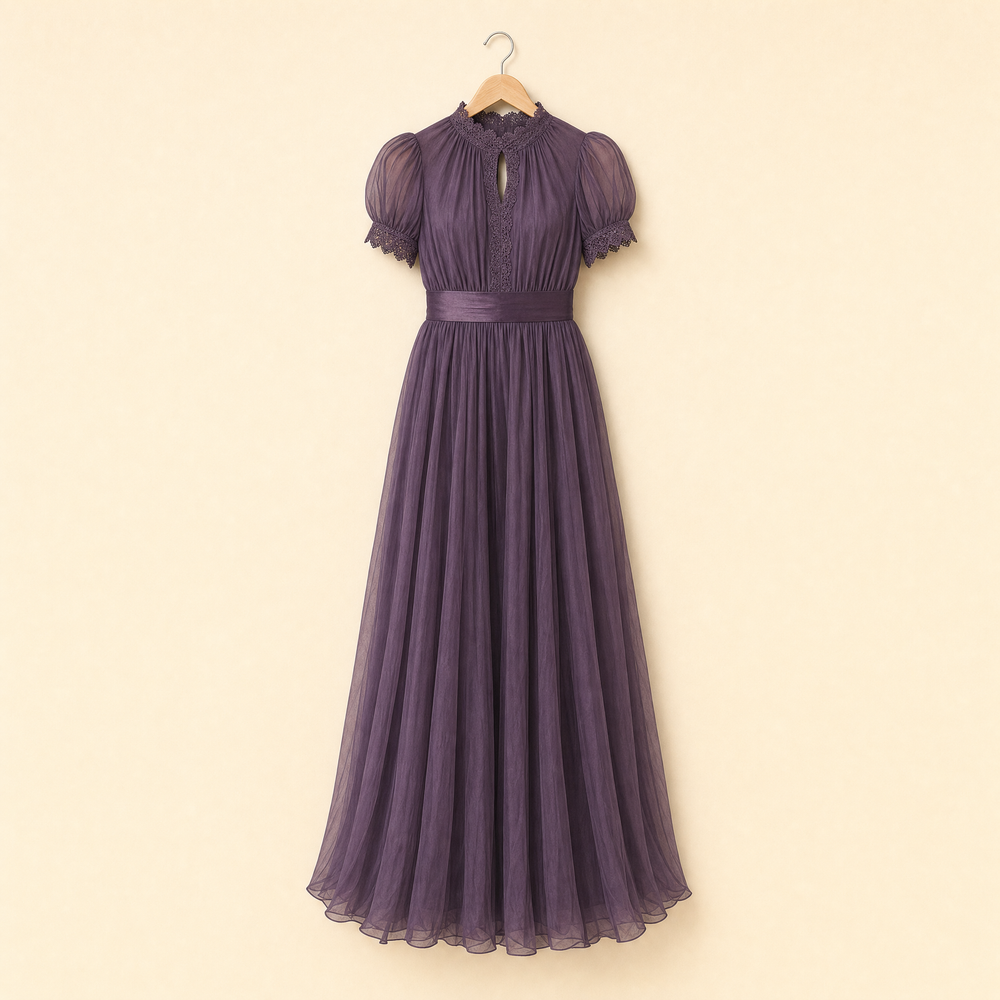 Purple Keyhole Neckline Lace Trim Maxi Dress