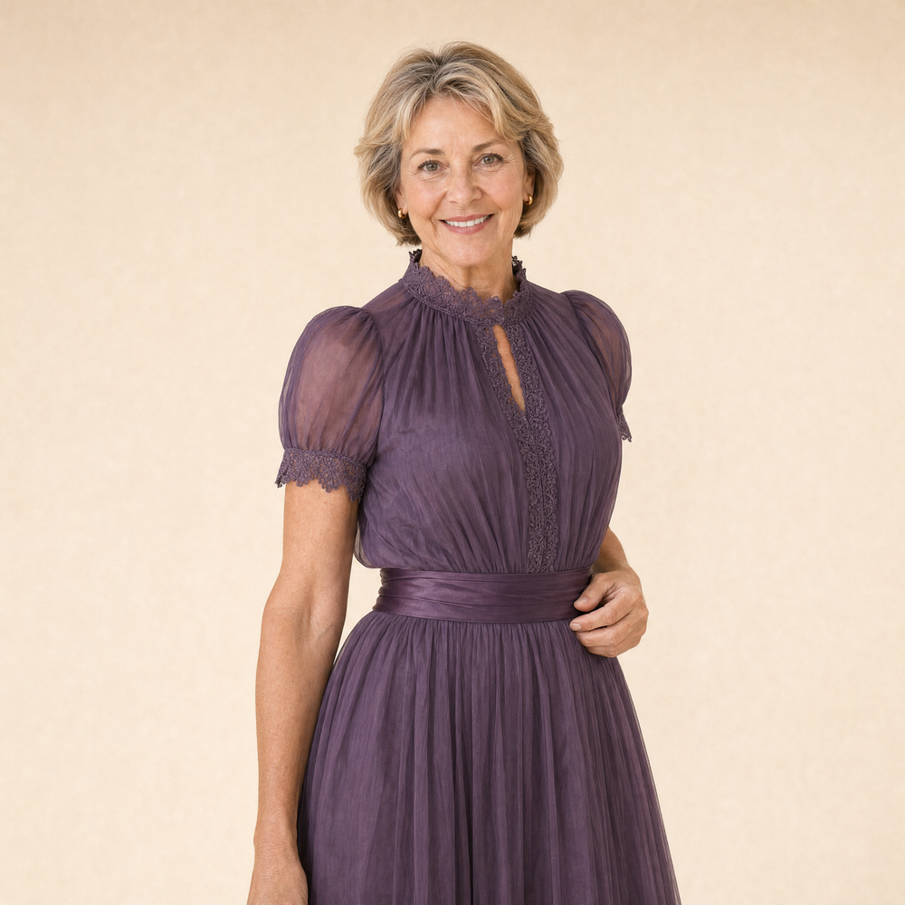 Purple Keyhole Neckline Lace Trim Maxi Dress