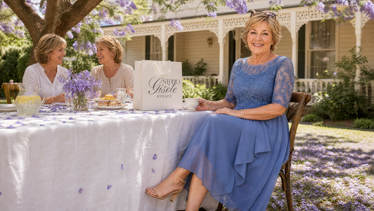 Gisèle laughs at a long table under a blooming jacaranda, in a dusty blue lace dress