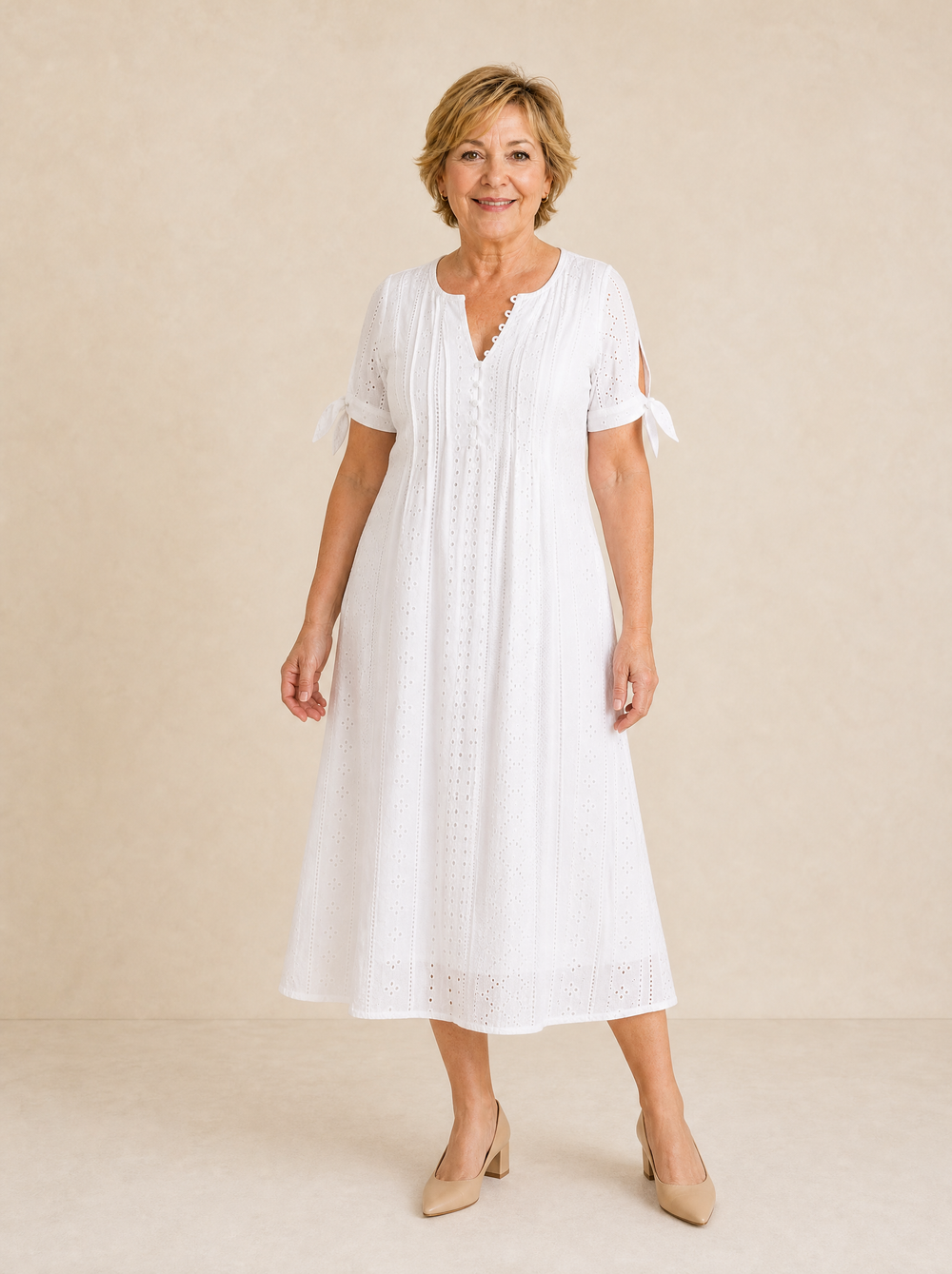 Florenza – Women's Eyelet Midi Dress with Tie-Bow Sleeves