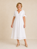 Florenza – Women's Eyelet Midi Dress with Tie-Bow Sleeves
