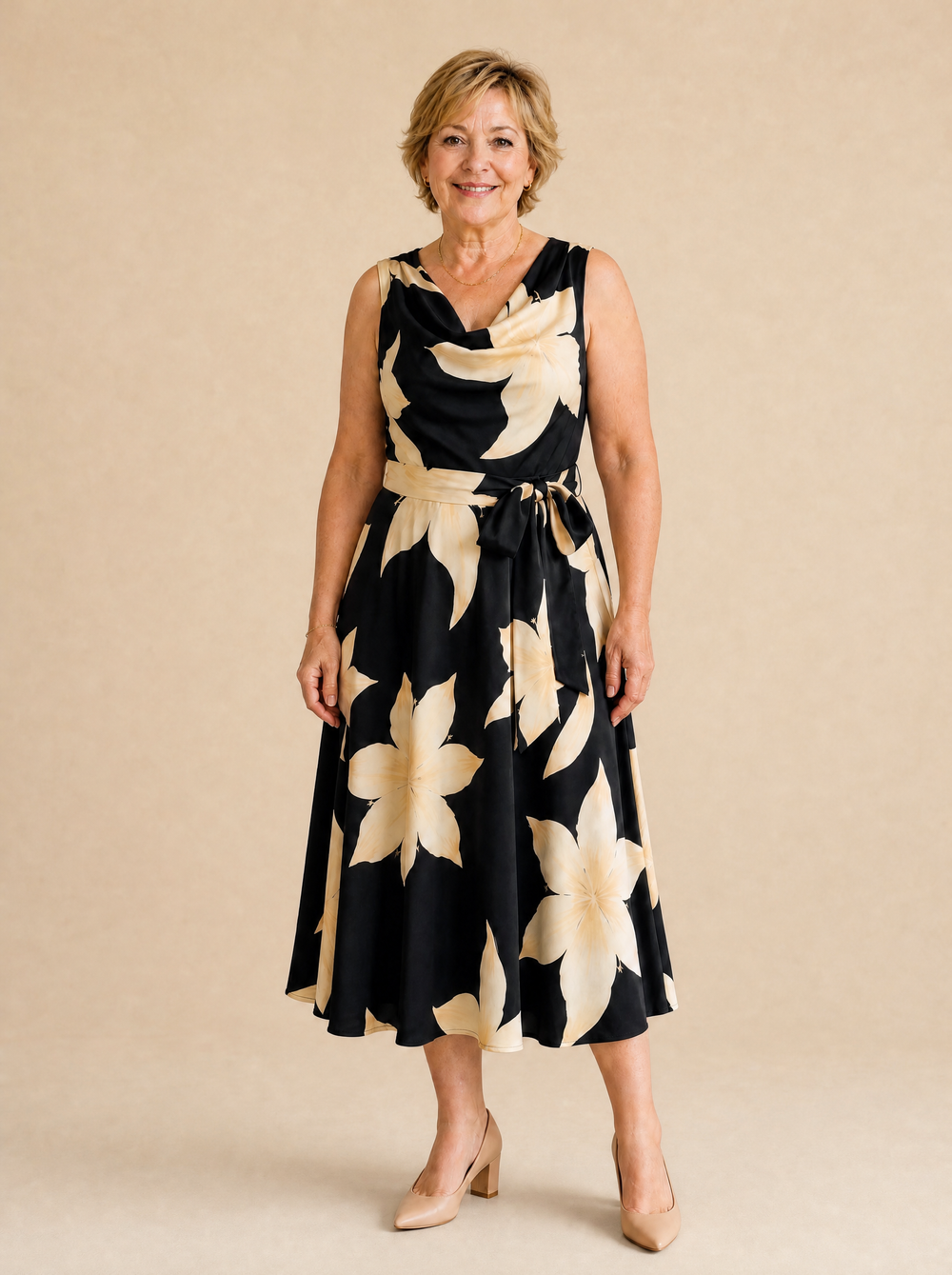 Florenza – Floral Cowl-Neck Midi Dress with Tie Waist, A-Line, Sleeveless