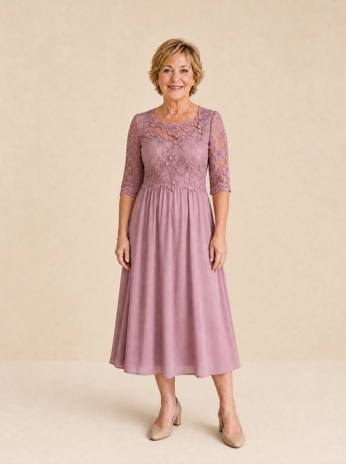 Florenza – Floral Lace-look Bodice Midi Dress with Flowy Skirt