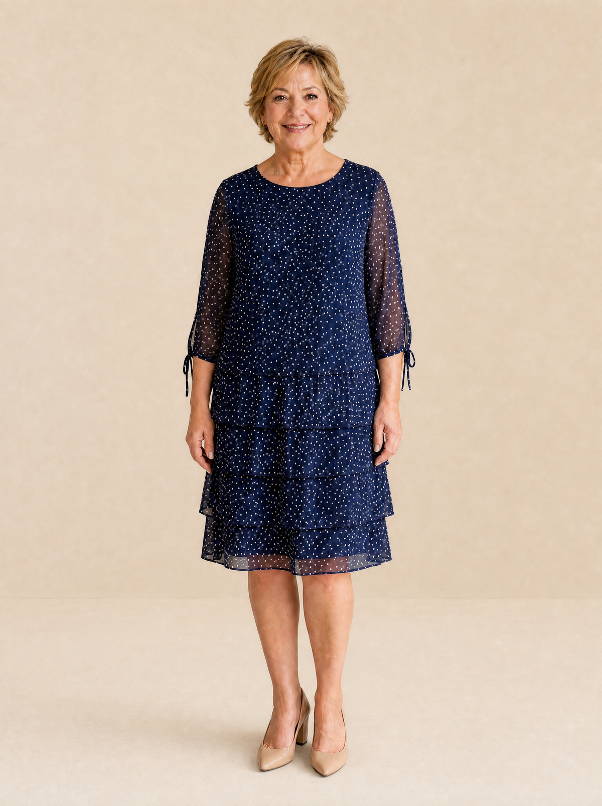 Florenne - Layered Chiffon Polka Dot Dress
