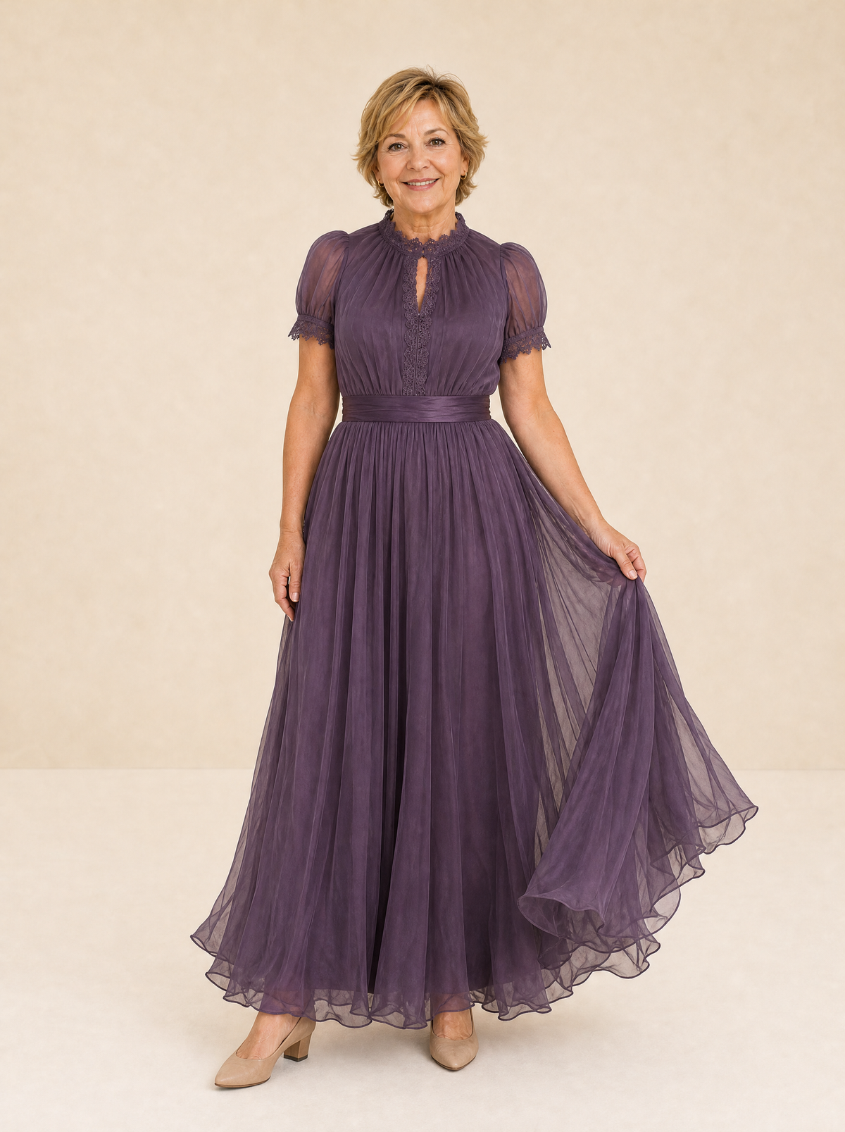 Purple Keyhole Neckline Lace Trim Maxi Dress