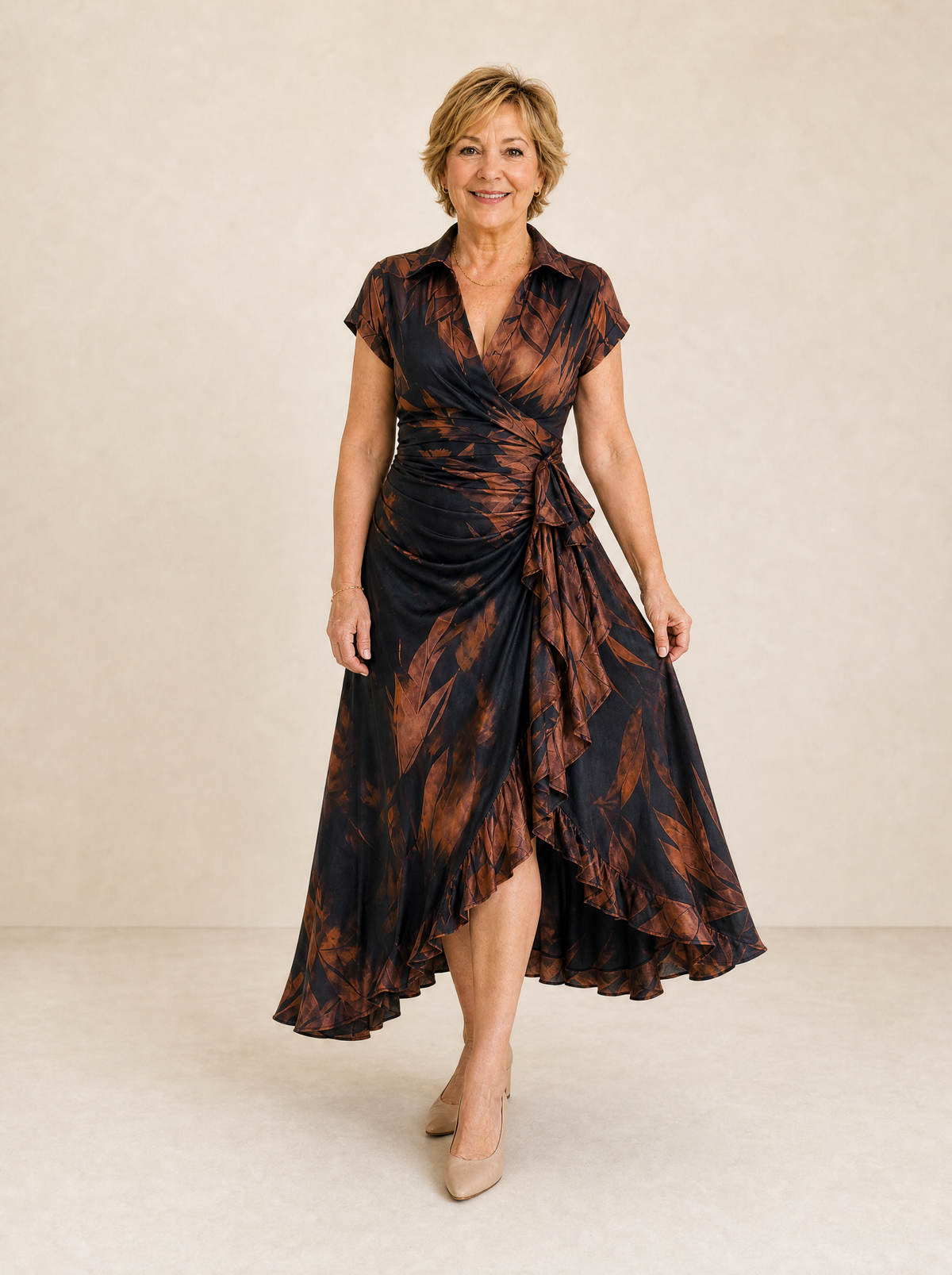 Abstract Print Wrap Midi Dress | Brown Black Collared V Neck Short Sleeve Tie Waist Ruffled High‑Low Hem Dress