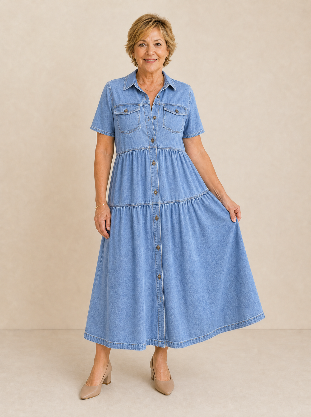 Grace™ | Belly-covering Denim Midi Dress with Buttons