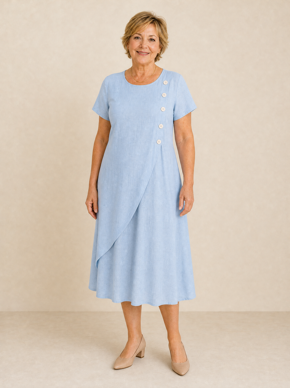 Sumlor – Asymmetric Button Midi Dress with Pockets for Summer