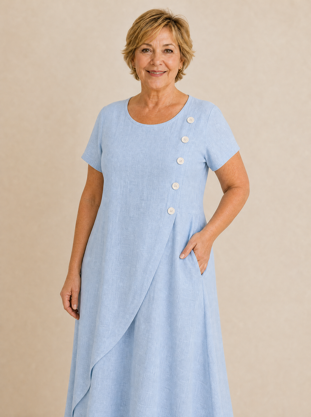 Sumlor – Asymmetric Button Midi Dress with Pockets for Summer