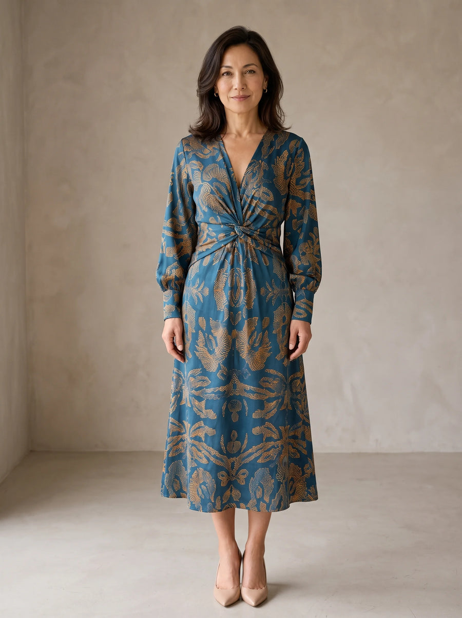 Florenza – Baroque Print Twist-Front Wrap Midi Dress