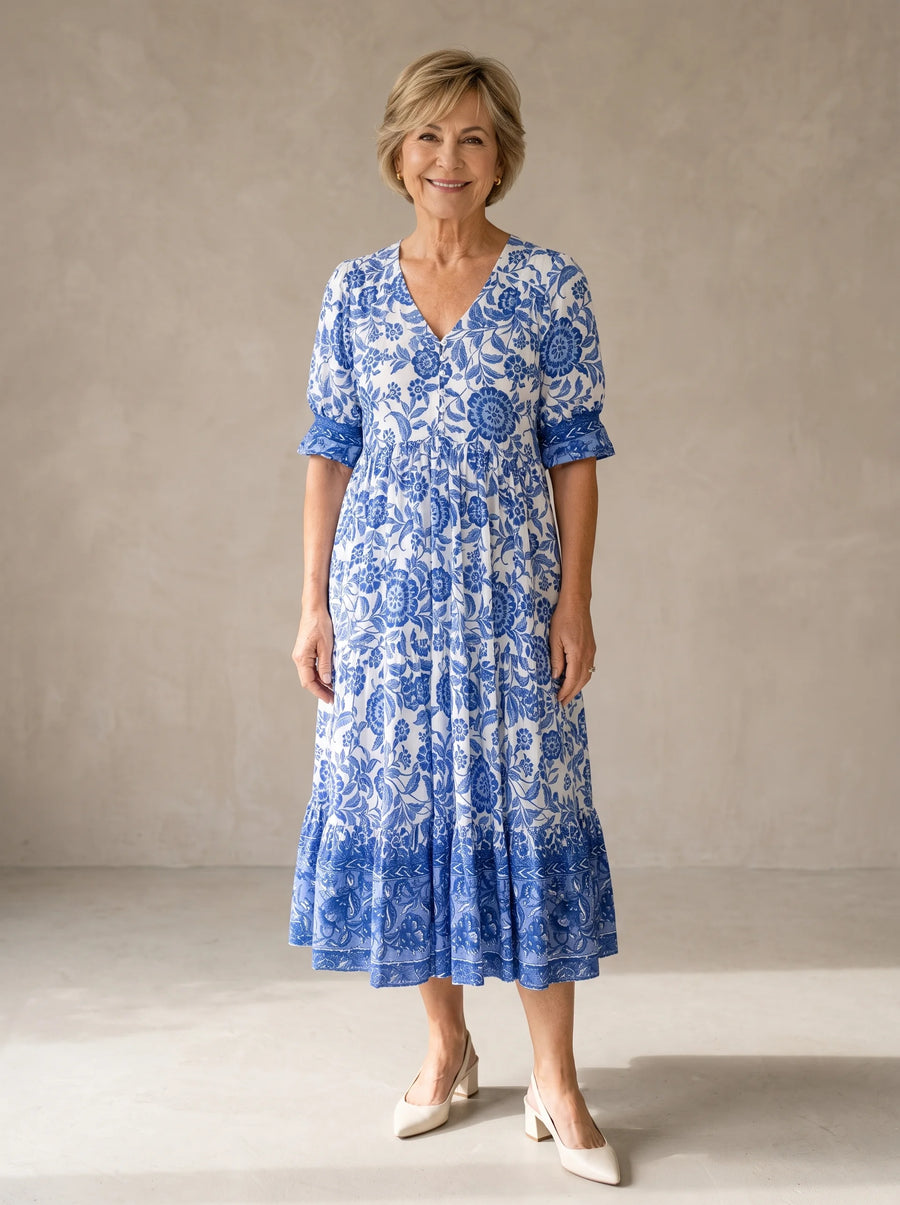 Florenza – Boho V-Neck Floral Midi Dress with Tiered Hem