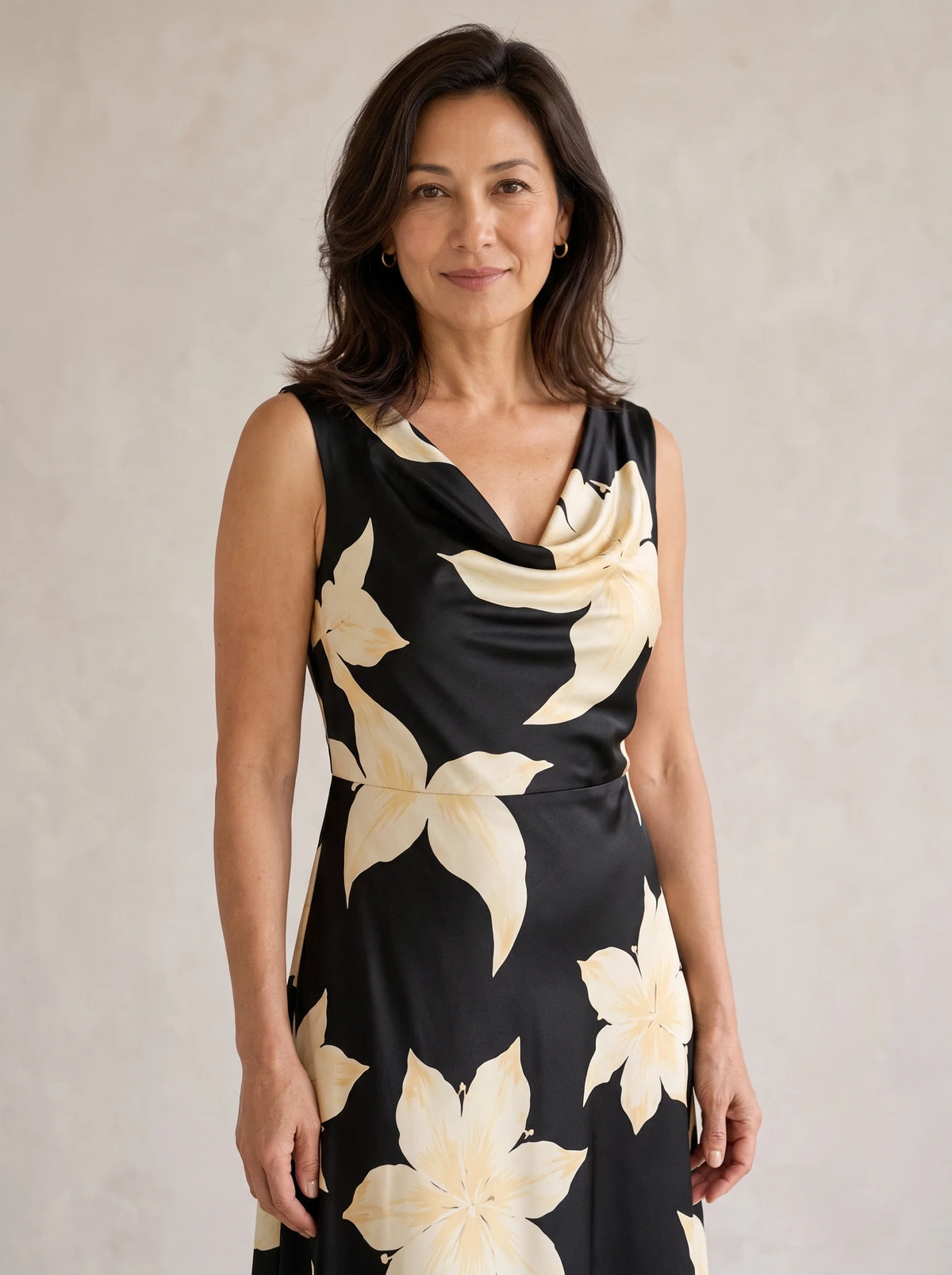 Florenza – Floral Cowl-Neck Midi Dress with Tie Waist, A-Line, Sleeveless