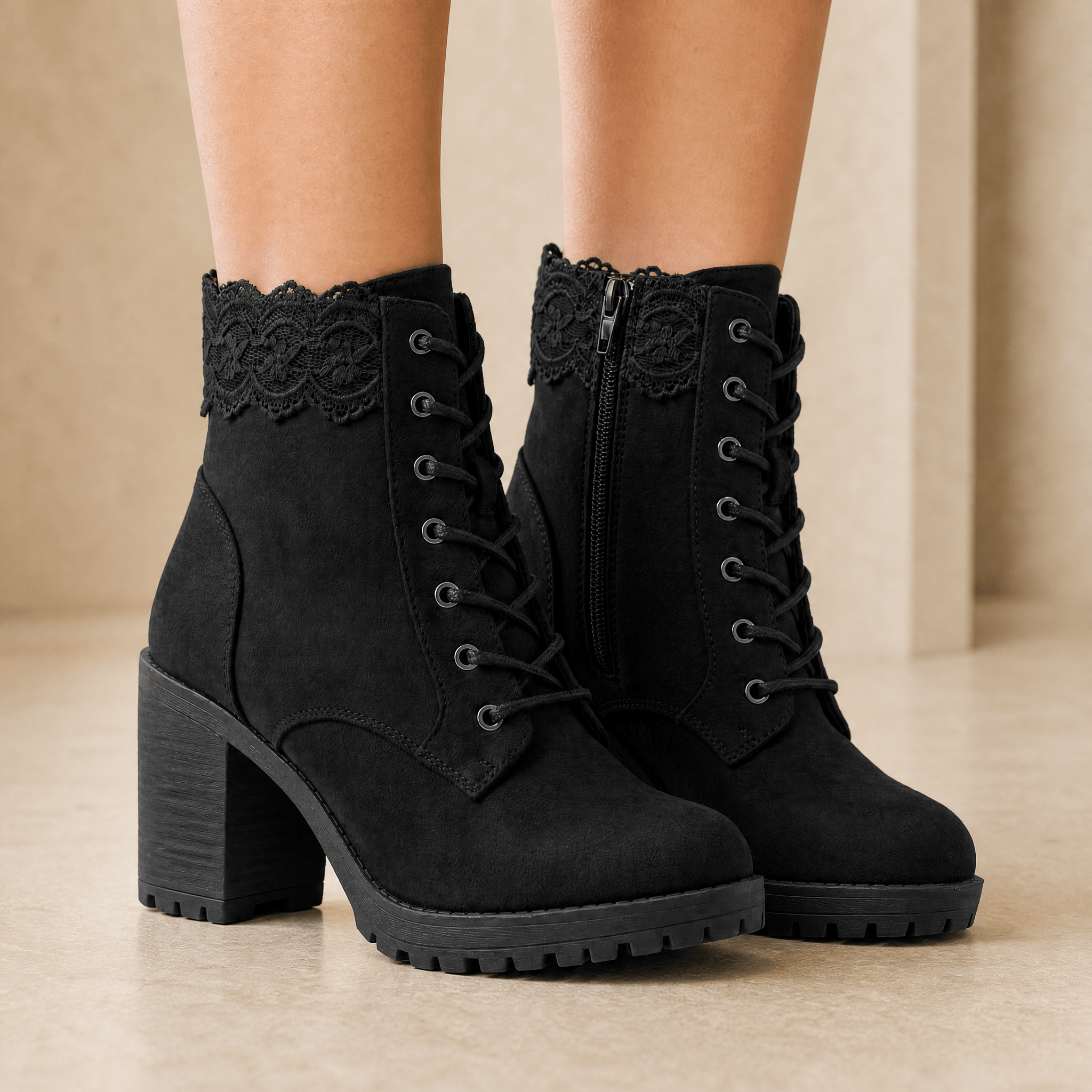 Lacelle - Romantic Lace Trim Suede Ankle Boots