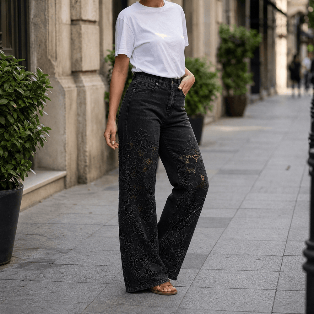 Laceveil – Women's Floral Lace Patchwork Wide Leg Jeans