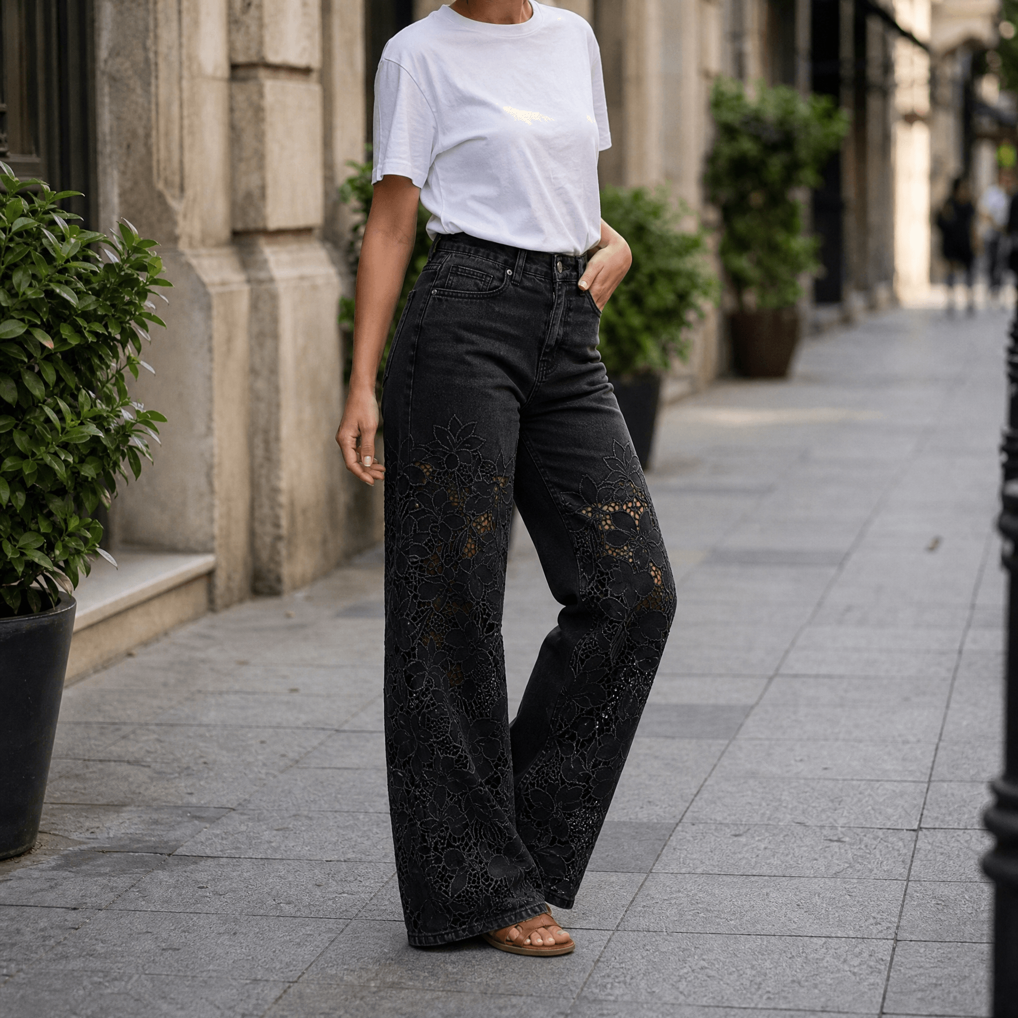 Laceveil – Women's Floral Lace Patchwork Wide Leg Jeans