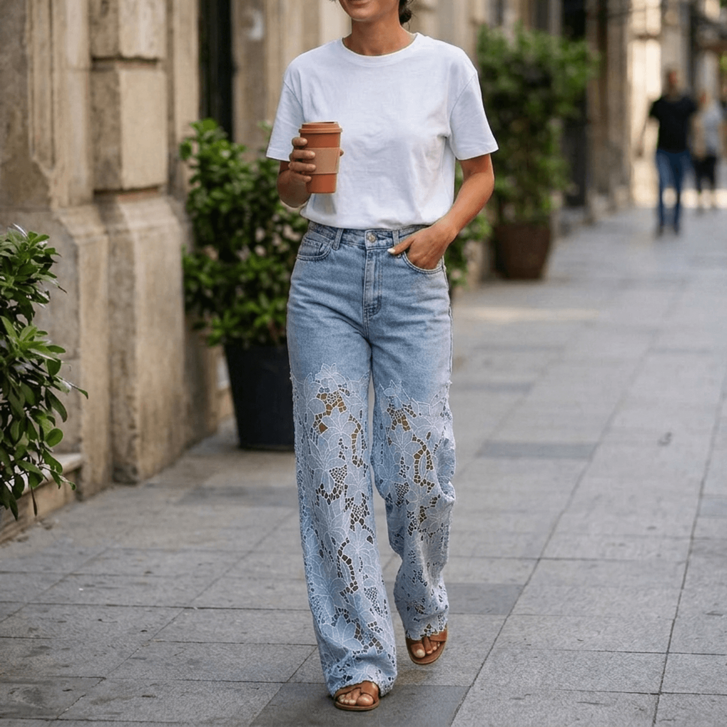 Laceveil – Women's Floral Lace Patchwork Wide Leg Jeans