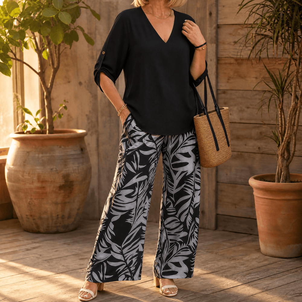 Lark & Palm – Women's V-Neck Top & Leaf-Print Wide-Leg Pants Set