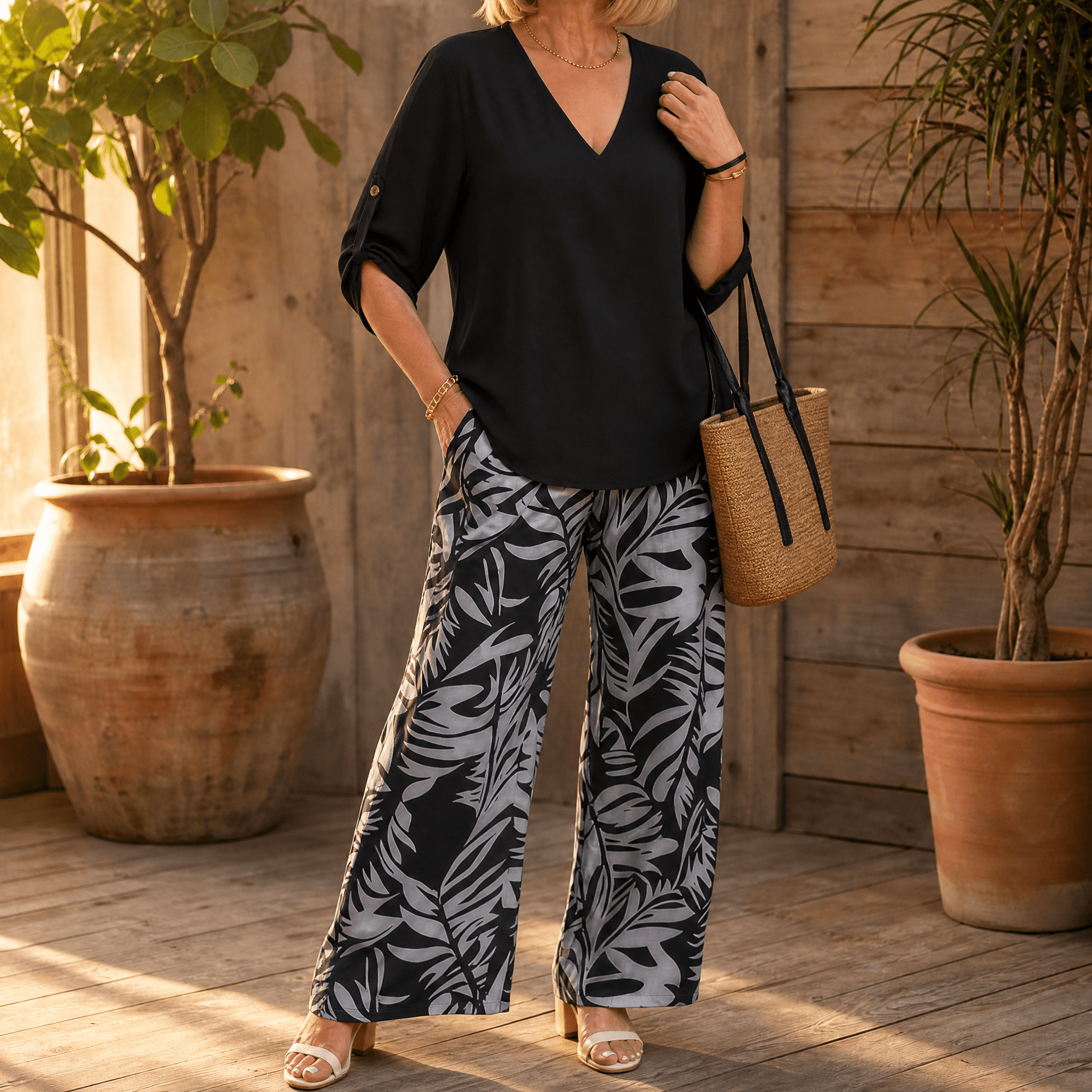 Lark & Palm – Women's V-Neck Top & Leaf-Print Wide-Leg Pants Set