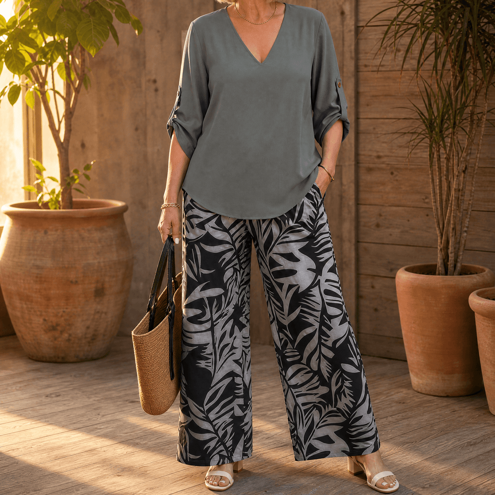 Lark & Palm – Women's V-Neck Top & Leaf-Print Wide-Leg Pants Set