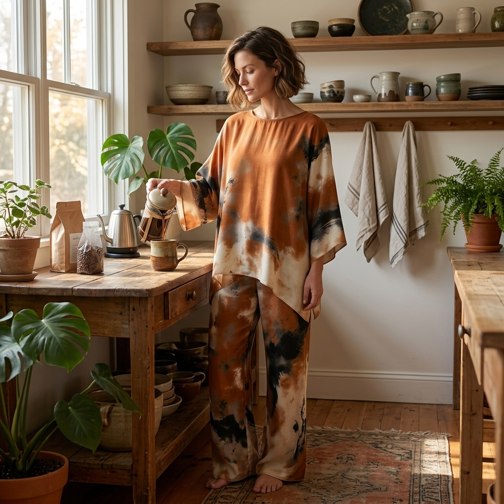 Aterra – Artistic Watercolor Tunic and Wide Leg Pants Set